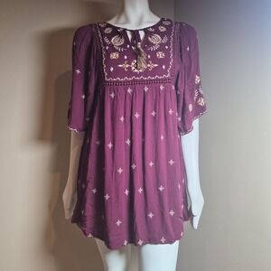Altar'd State Burgundy Embroidered Boho Tassel Mini Dress Small TDE2409-T60